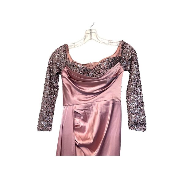 Faeriesty XS Pink Satin & Sequin Long Gown With Draped Front & 3/4 Sleeves - Picture 4 of 5